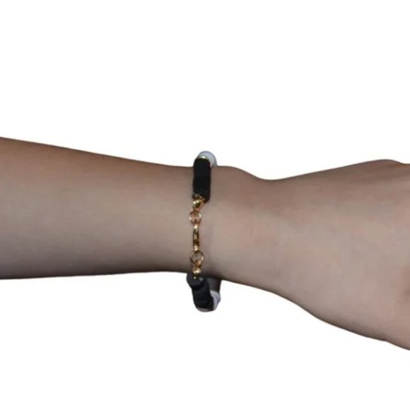 Handmade Black, Pink, & White Clay Bead Bracelet w/ gold-plated Lobster Clasp - Picture 3 of 3